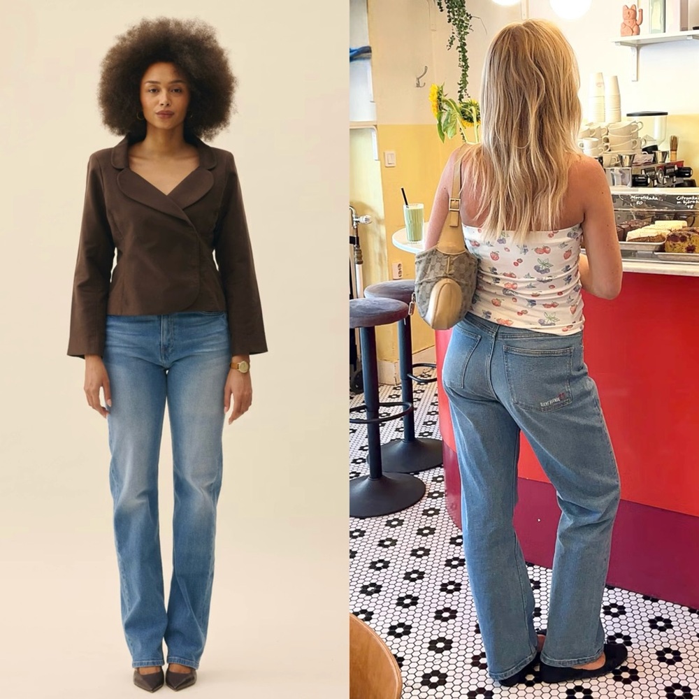 DJERF AVENUE High Rise Embroidered Organic‎ Cotton Denim Straight Leg Jeans 25